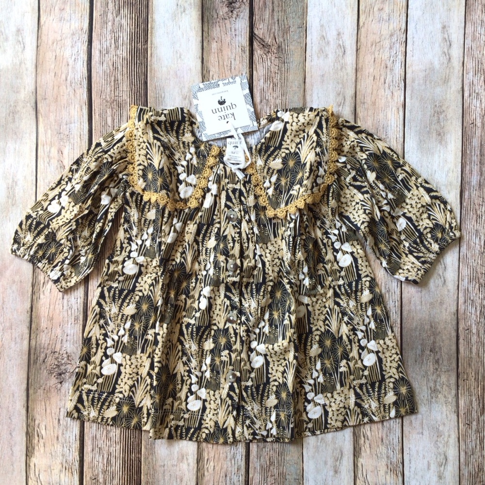 NWT Kate Quinn Bamboo Butterscotch Foliage Square Collar Button Dress
